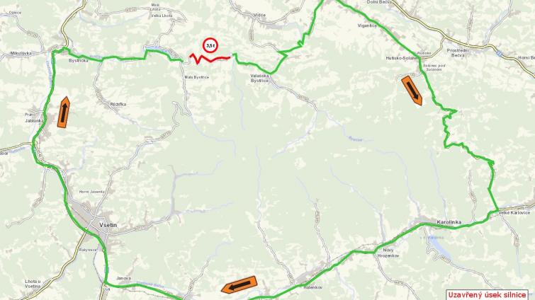 Objízdná trasa od 1. 7. do 30. 11. pro vozidla nad 3,5 tuny.