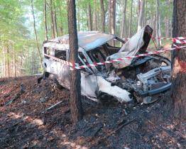 Opilý řidič nezvládl zatáčku a narazil do stromů. Auto kompletně shořelo