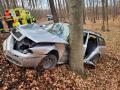 V lese nedaleko Zlína havaroval osobní automobil. Po nárazu do stromu zůstal řidič ve voze zaklíněný